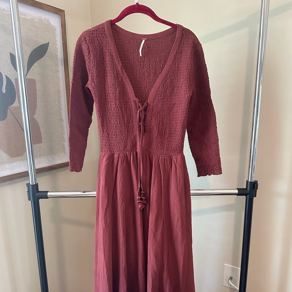Free People Dark Red Maxi Dress, Tie up V-neck